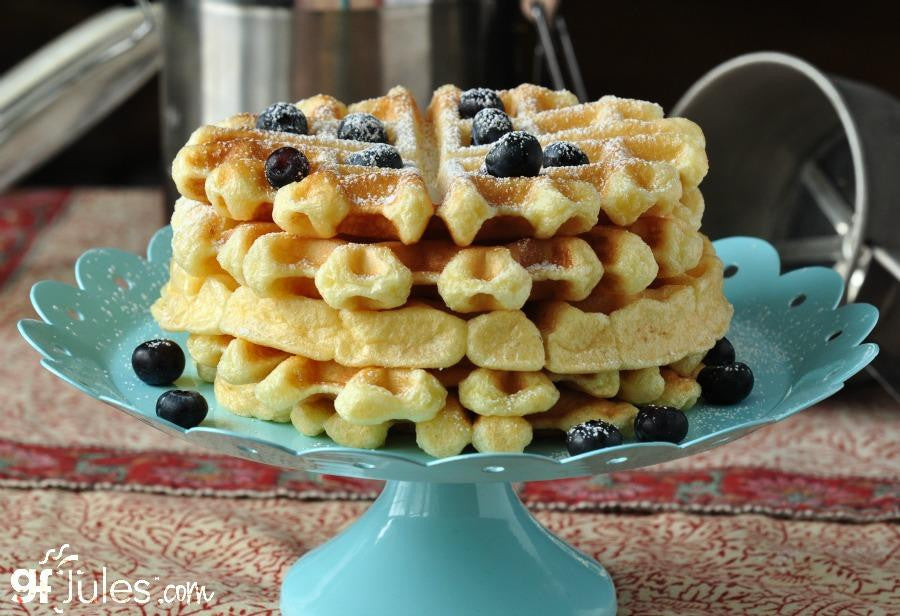 Stack of gluten free waffles made using gfJules gluten free pancake mix