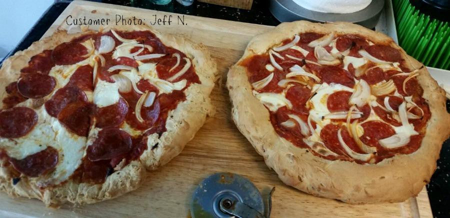 Customer photos of gluten free cheese and pepperoni pizzas made from gfJules gluten free pizza crust mix