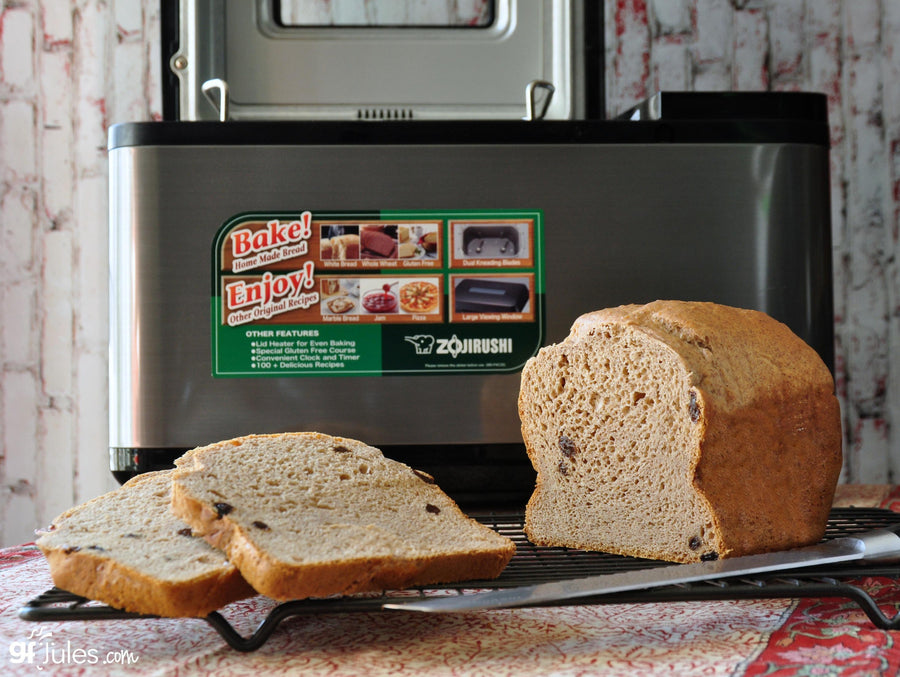 Gluten free bread loaf made in a bread machine with gfJules gluten free bread mix