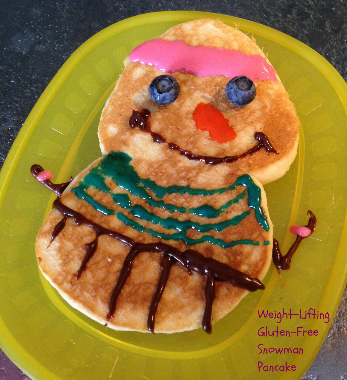 Gluten free snowman pancake made using gfJules gluten free pancake mix