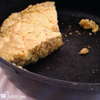 Gluten free cornbread in skillet, made with gfJules gluten free cornbread mix